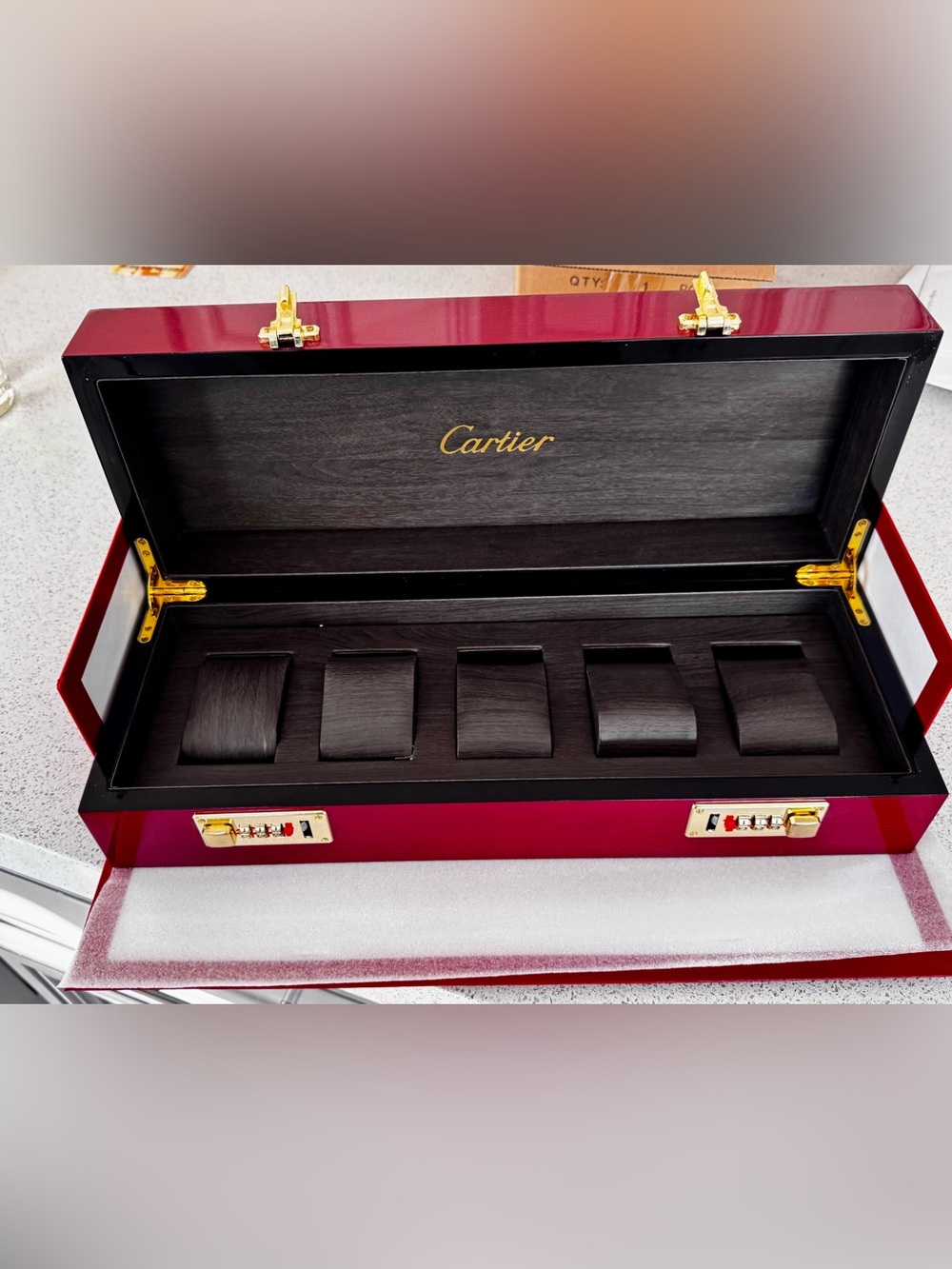 Cartier Red and Black Leather Five-Watch Travel Case with Gold Hardware